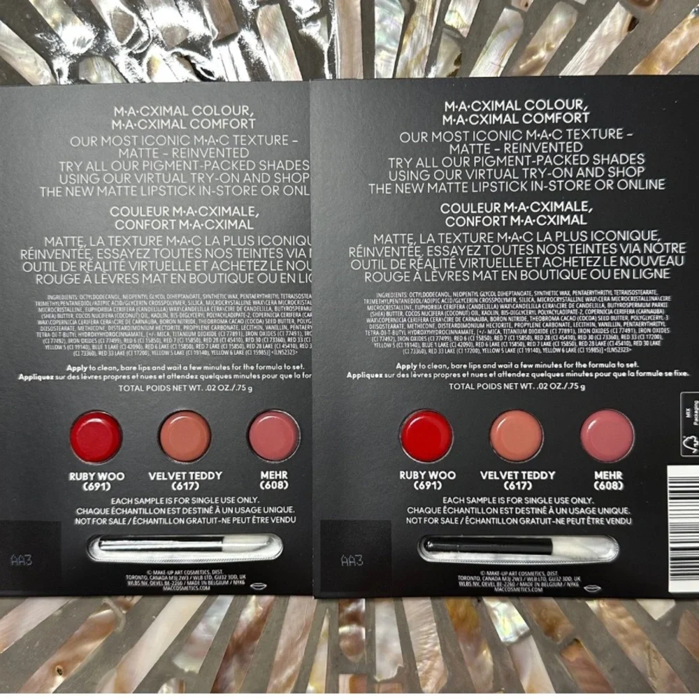 2 x MAC Macximal Matte Lipstick 3 Color Sample Card with Applicator Wand